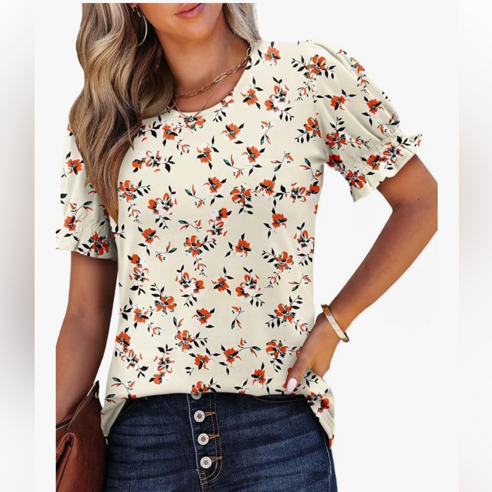 Crazy Grid Floral Ruffle Sleeve Knit Top- size M- NWOT